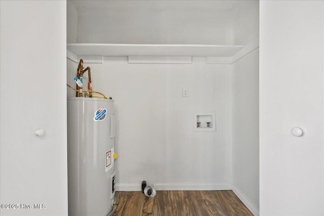 laundry room with hookup for a washing machine, dark wood-type flooring, and electric water heater