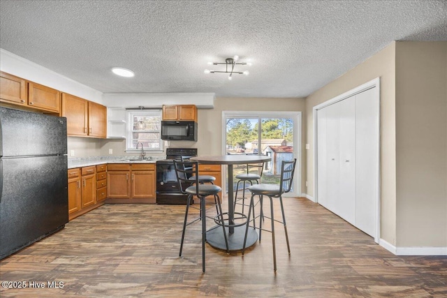 kitchen with a wealth of natural light, dark hardwood / wood-style floors, sink, and black appliances