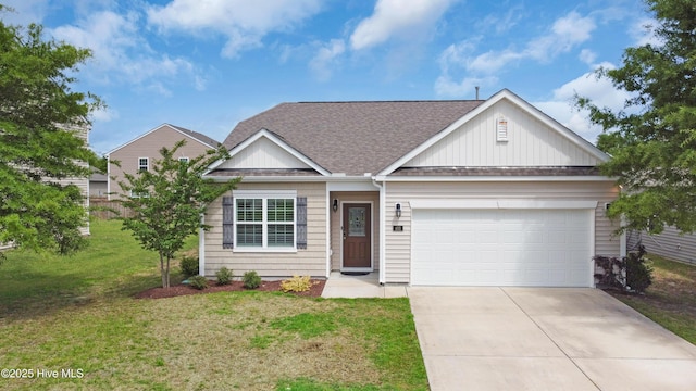 view of front of home featuring a garage, a front lawn, roof with shingles, board and batten siding, and concrete driveway
