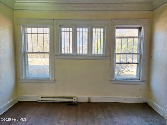 unfurnished room featuring a baseboard radiator and wood-type flooring