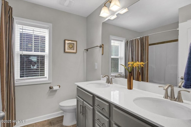 bathroom featuring a shower with shower curtain, vanity, toilet, and tile patterned flooring