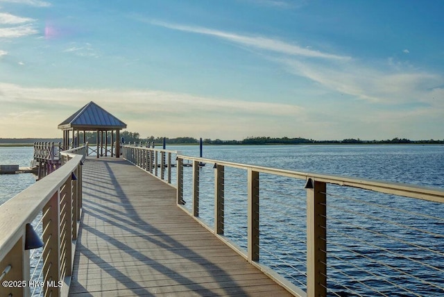 dock area featuring a water view and a gazebo