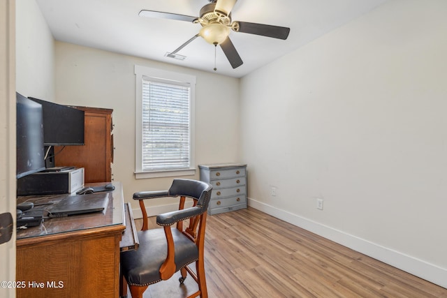 office featuring ceiling fan and light wood-type flooring