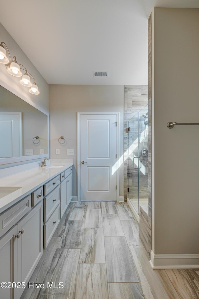 bathroom with vanity and walk in shower