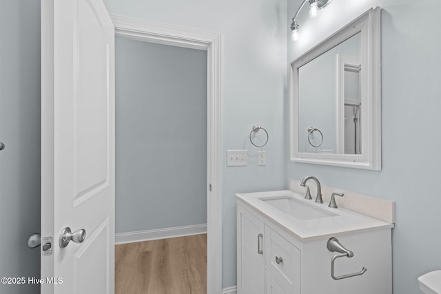 bathroom with vanity and wood-type flooring