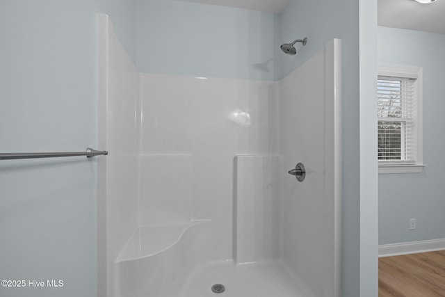 bathroom featuring wood-type flooring and a shower