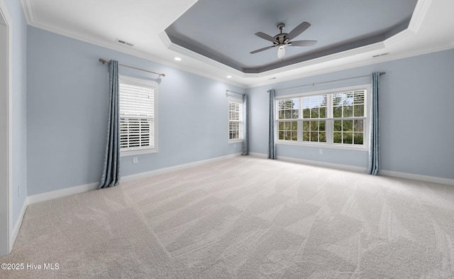 carpeted spare room featuring ceiling fan, ornamental molding, and a raised ceiling