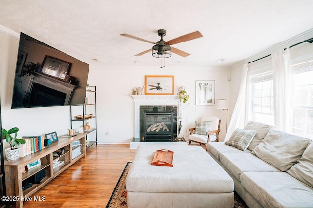 living room with ceiling fan, ornamental molding, and light wood-type flooring