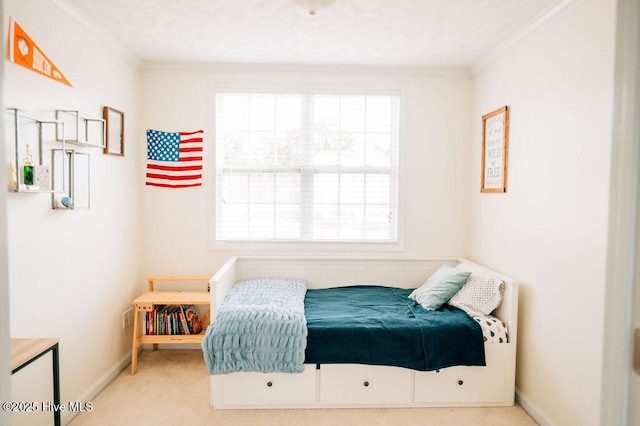 carpeted bedroom with crown molding