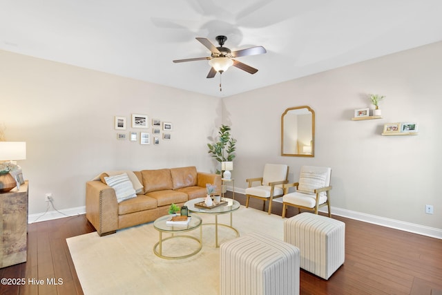 living room with dark hardwood / wood-style floors and ceiling fan