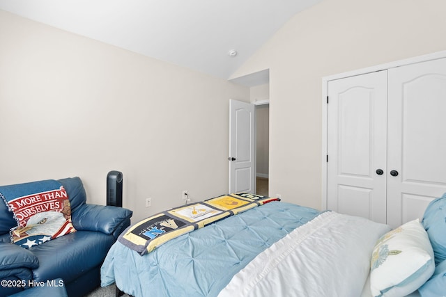 bedroom with lofted ceiling and a closet