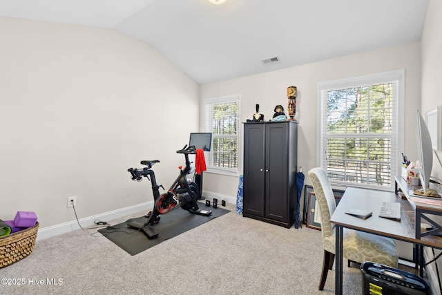 exercise room with lofted ceiling and carpet