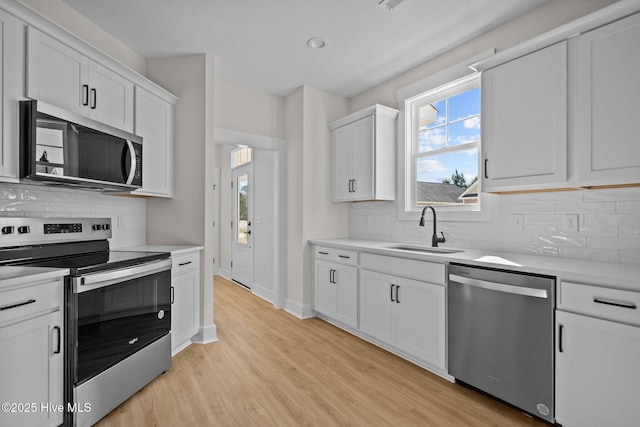 kitchen featuring appliances with stainless steel finishes, white cabinetry, sink, decorative backsplash, and light hardwood / wood-style floors