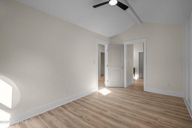 unfurnished bedroom featuring lofted ceiling with beams, ceiling fan, and light wood-type flooring