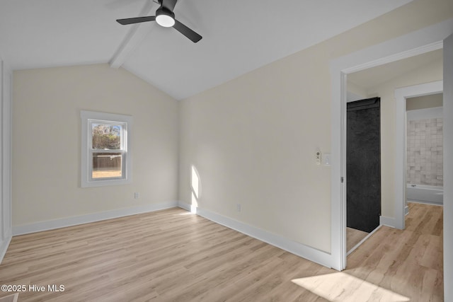 empty room featuring lofted ceiling with beams, light hardwood / wood-style floors, and ceiling fan