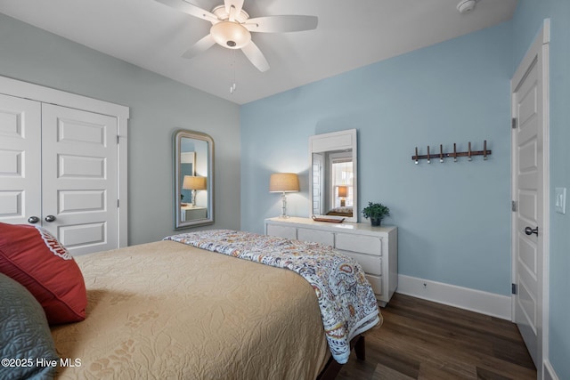 bedroom featuring ceiling fan, dark hardwood / wood-style flooring, and a closet