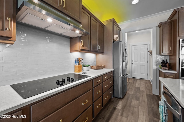 kitchen with dark brown cabinetry, extractor fan, stainless steel appliances, and dark hardwood / wood-style floors