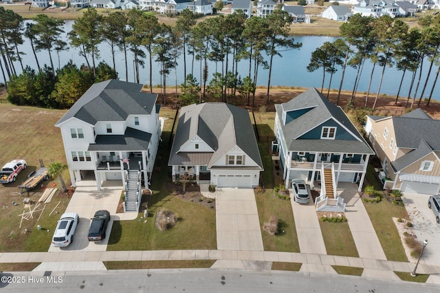 aerial view featuring a water view