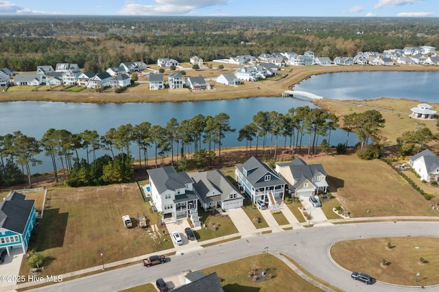 aerial view featuring a water view