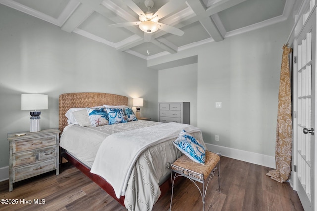 bedroom with dark hardwood / wood-style floors, ceiling fan, coffered ceiling, and beamed ceiling