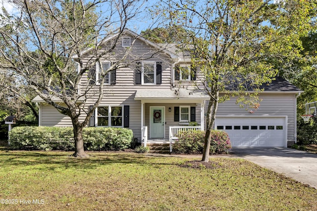 front of property with a front lawn, covered porch, and a garage