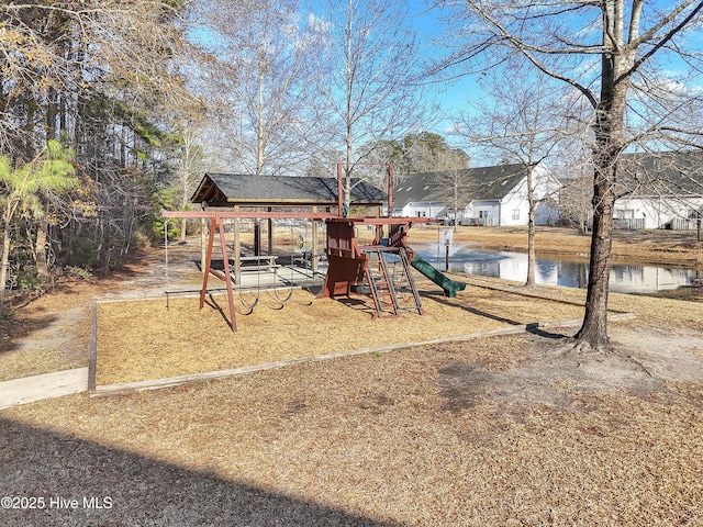 view of play area featuring a water view