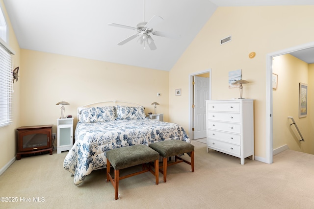 bedroom with ceiling fan, light colored carpet, and high vaulted ceiling