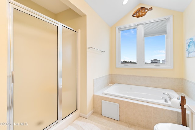 bathroom with vaulted ceiling and plus walk in shower