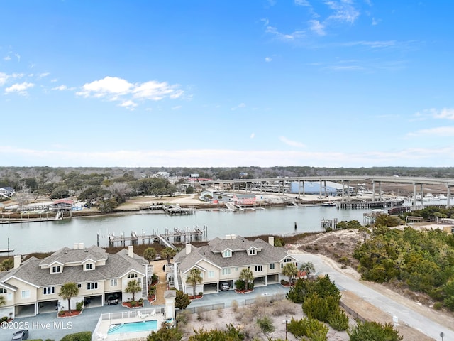 drone / aerial view featuring a water view