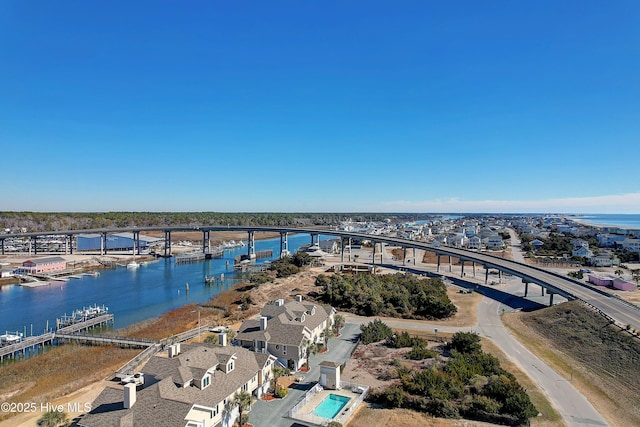 drone / aerial view featuring a water view