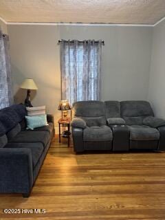 living room with ornamental molding, wood-type flooring, and a textured ceiling