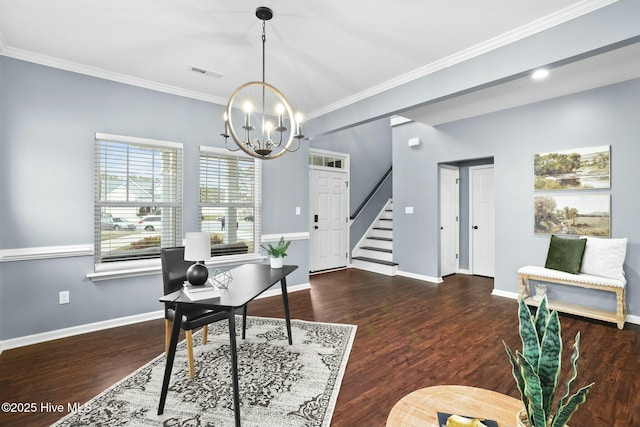 office area with crown molding, dark hardwood / wood-style floors, and a notable chandelier