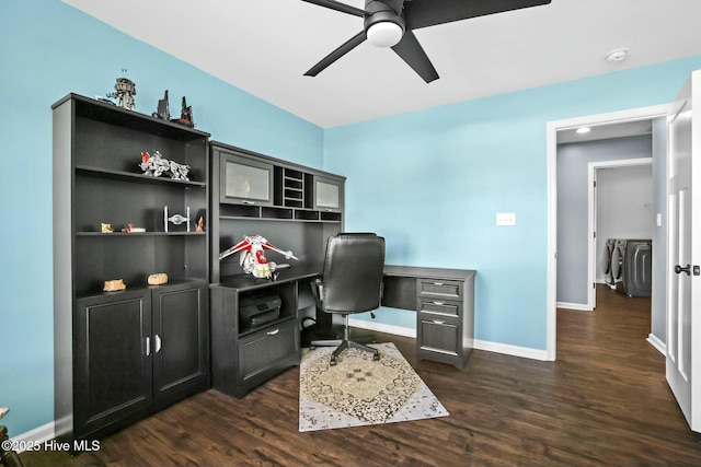 office featuring ceiling fan and dark hardwood / wood-style flooring