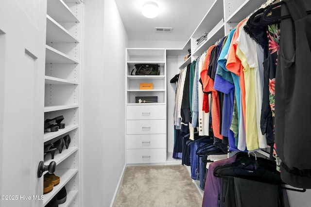 walk in closet with light colored carpet