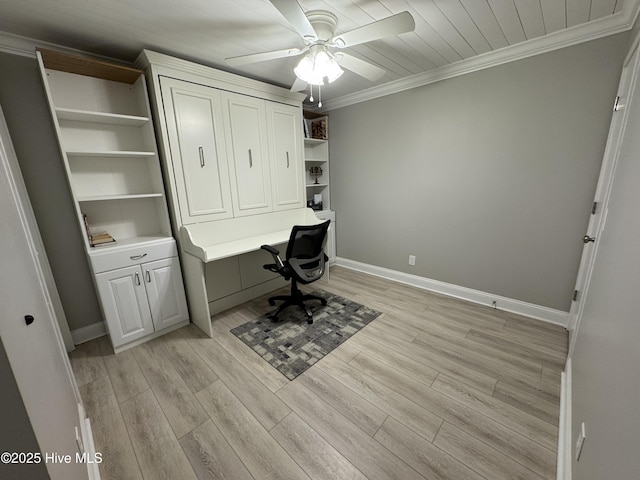 unfurnished office with ceiling fan, ornamental molding, and light wood-type flooring