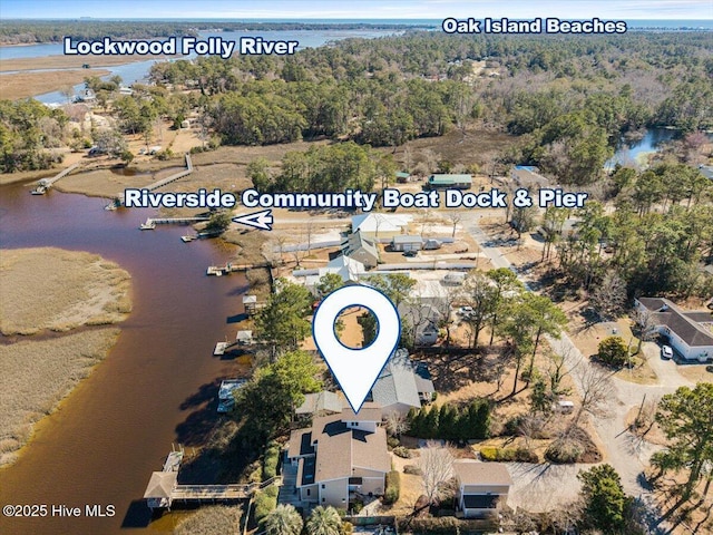 birds eye view of property featuring a water view and a view of trees