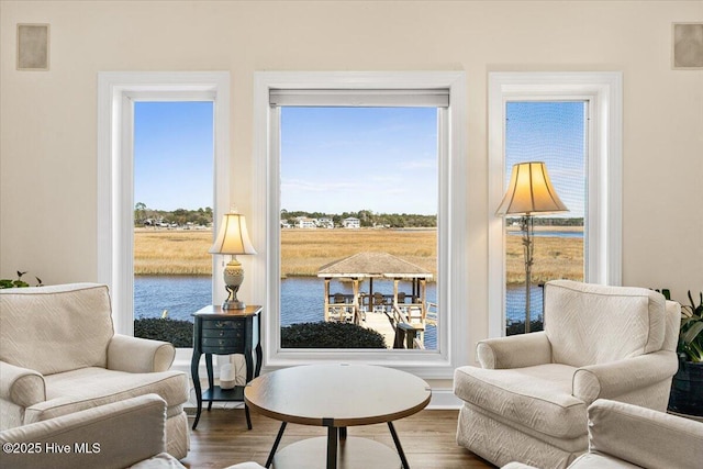 sitting room with a wealth of natural light, wood finished floors, and a water view