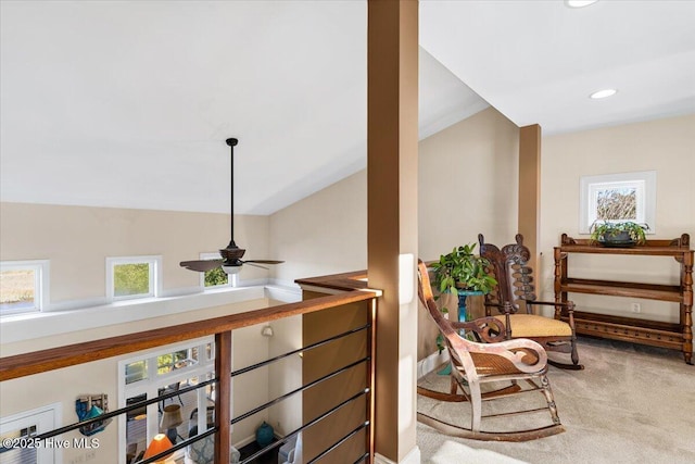 sitting room with carpet flooring, ceiling fan, and recessed lighting