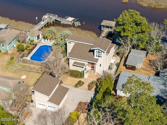 drone / aerial view with a water view