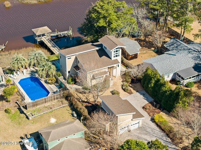 drone / aerial view with a water view