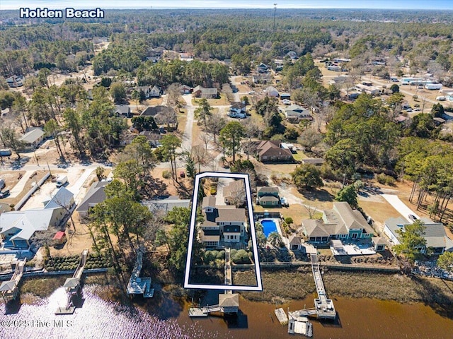 aerial view featuring a water view and a residential view