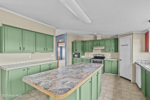 kitchen featuring stainless steel electric range oven and green cabinetry