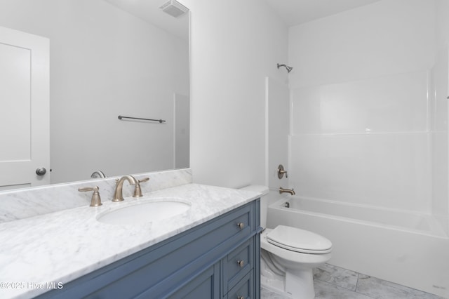 full bathroom featuring visible vents, vanity, toilet, and bathing tub / shower combination