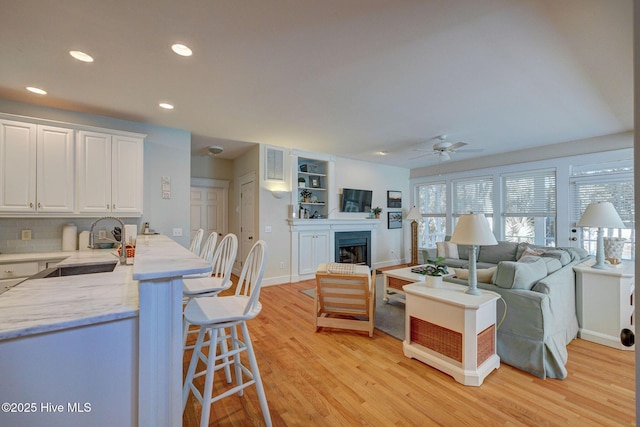 living room featuring ceiling fan, light hardwood / wood-style floors, and sink