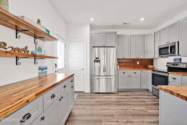 kitchen featuring gray cabinets, appliances with stainless steel finishes, wooden counters, and light hardwood / wood-style floors