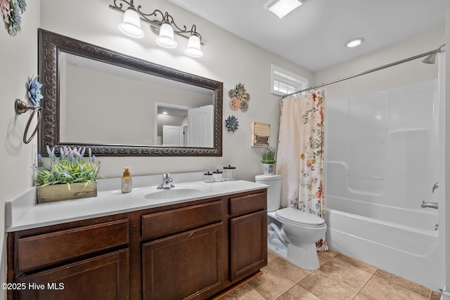 full bathroom with tile patterned flooring, vanity, shower / tub combo with curtain, and toilet