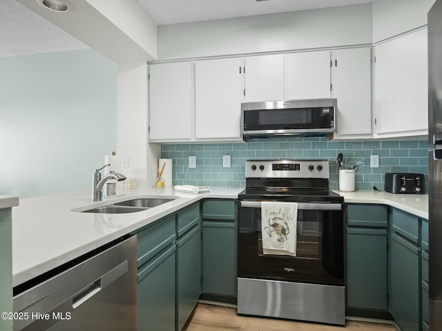 kitchen with sink, white cabinetry, appliances with stainless steel finishes, light hardwood / wood-style floors, and decorative backsplash