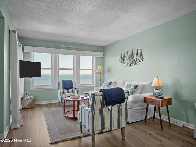 living room featuring hardwood / wood-style floors and a textured ceiling