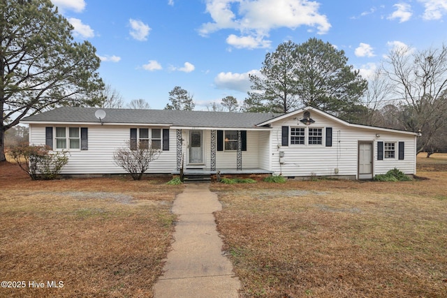 single story home with a porch, crawl space, roof with shingles, and a front lawn