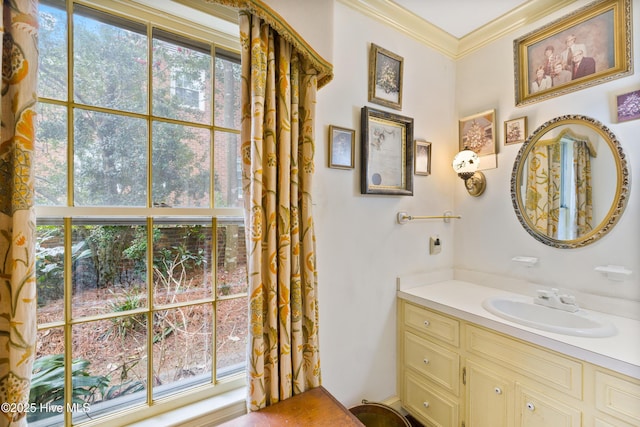 bathroom featuring crown molding and vanity